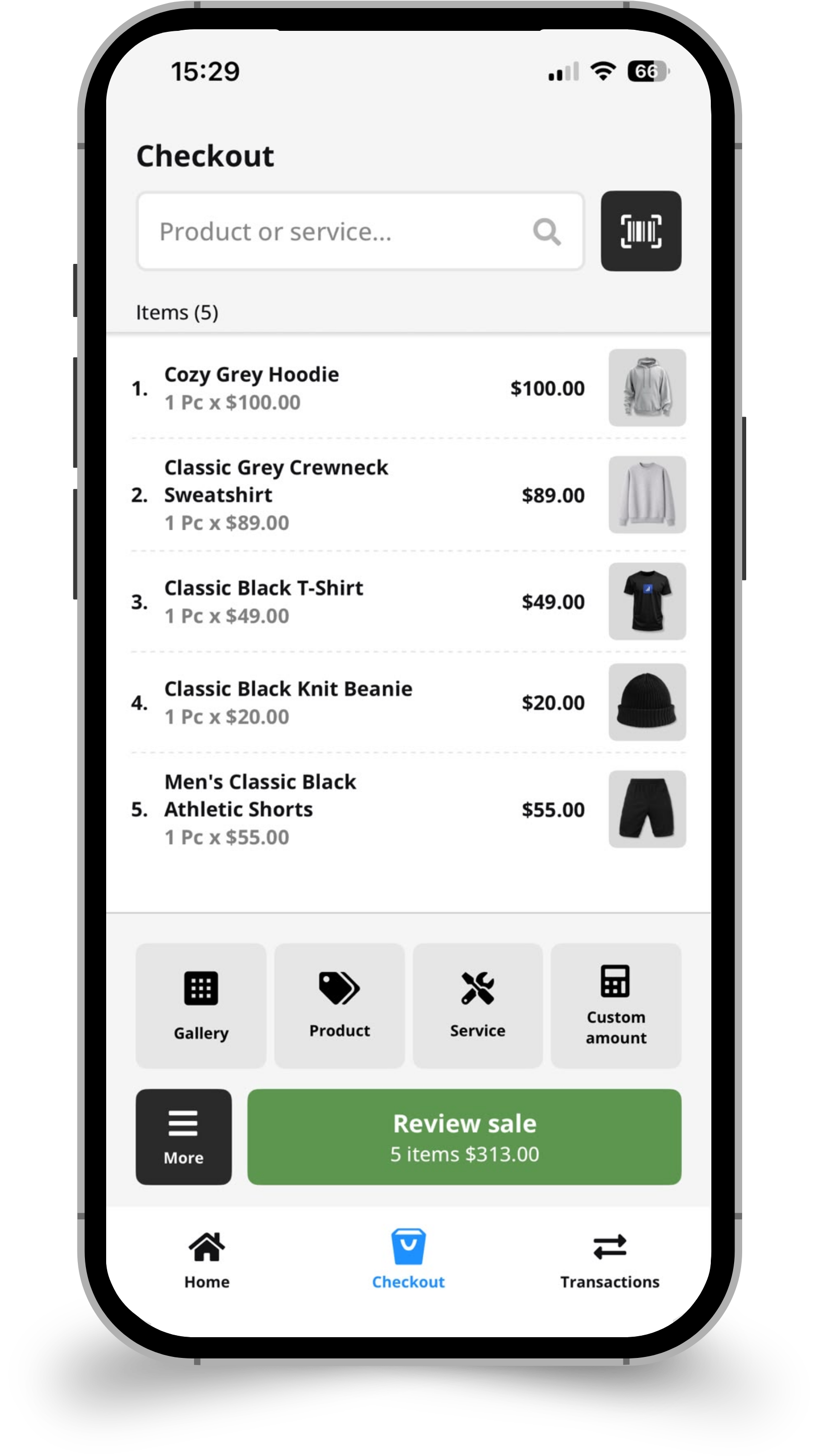 ConnectStore POS on a phone, with five items in the cart and the sale total.