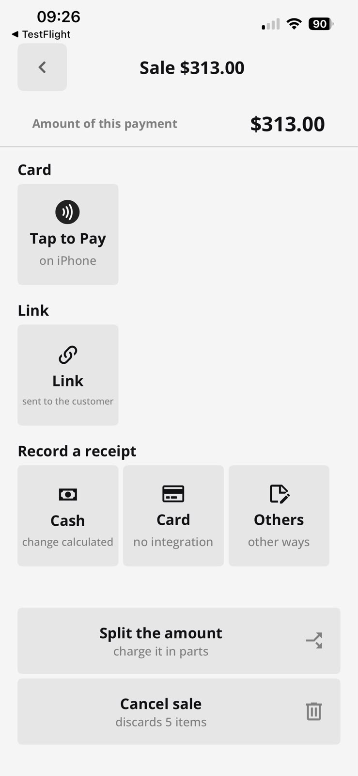 Payment method screen showing the sale amount
