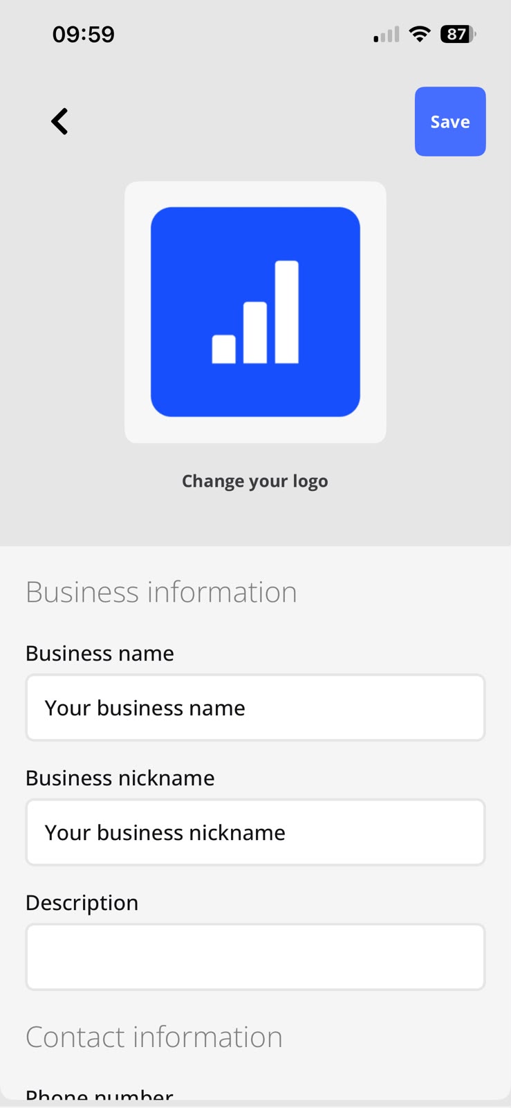 Schermata dei dati dell'attività nell'app, con logo, ragione sociale, insegna e telefono.