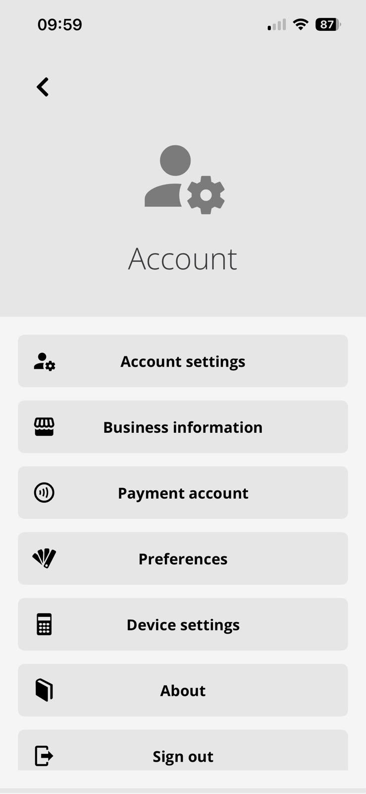 Menu dell'account nell'app, con il conto per gli incassi tra le voci.