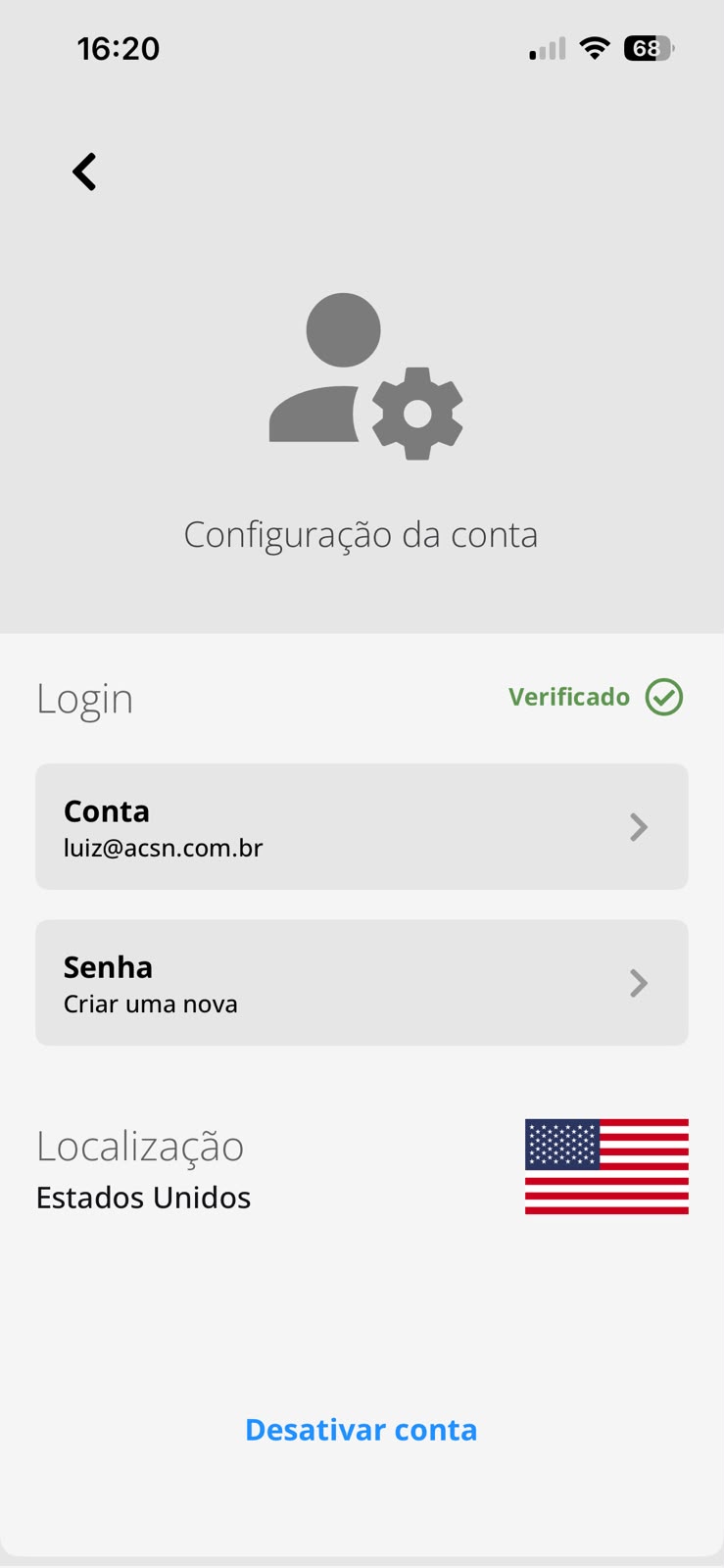 Tela de configuração da conta no app, com login verificado e o país da conta definido.