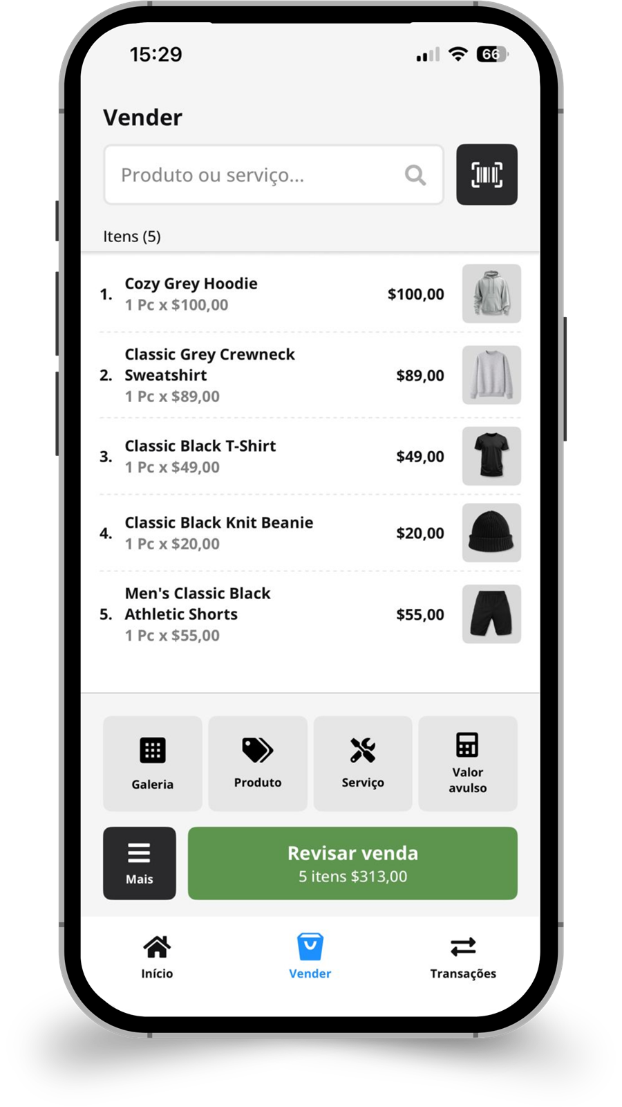 ConnectStore POS em um celular, com cinco itens no carrinho e o total da venda.