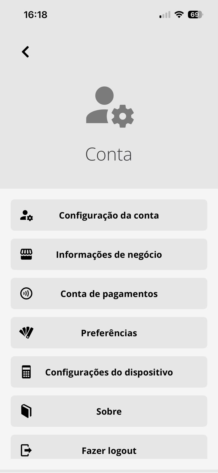 Menu da conta na app, com a conta de pagamento entre as opções.