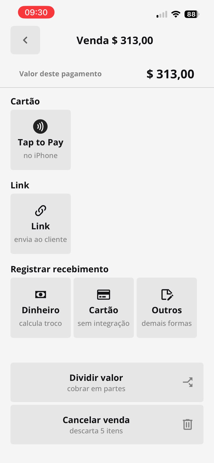 Ecrã de forma de pagamento com o valor da venda
