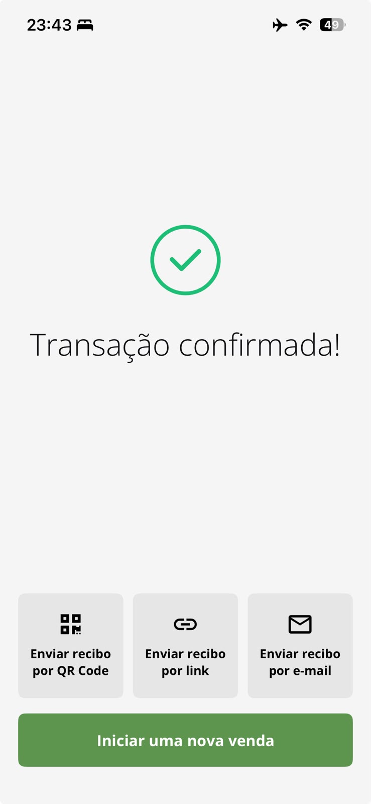 Ecrã de confirmação com um visto verde